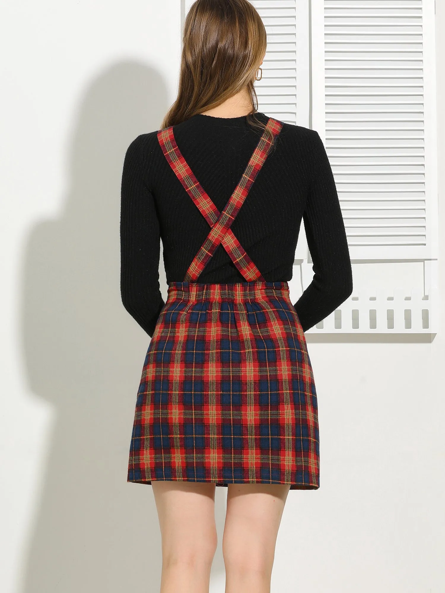 Overall Bib Plaid Adjustable Strap Pinafore Mini Suspender Skirt sold by Allegra K product image thumbnail 5