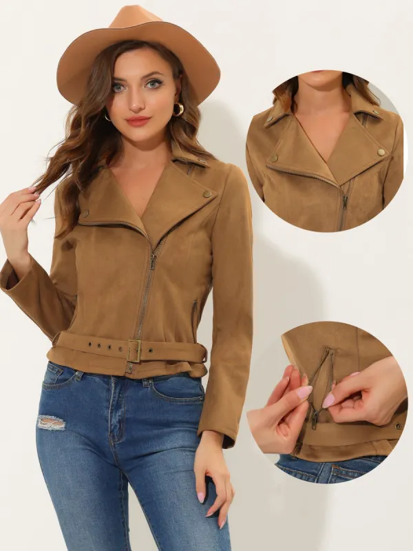 Convertible Collar Asymmetric Zip Up Faux Suede Moto Jacket sold by Allegra K