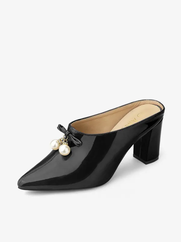 Pointed Toe Pearl Bow Chunky Heel Slides Mules sold by Allegra K