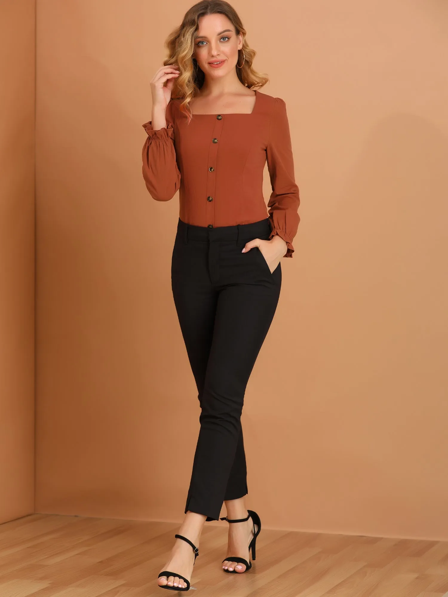 Elegant Square Neck Button Decor Ruffle Cuff Long Sleeve Blouse Tops sold by Allegra K product image thumbnail 3