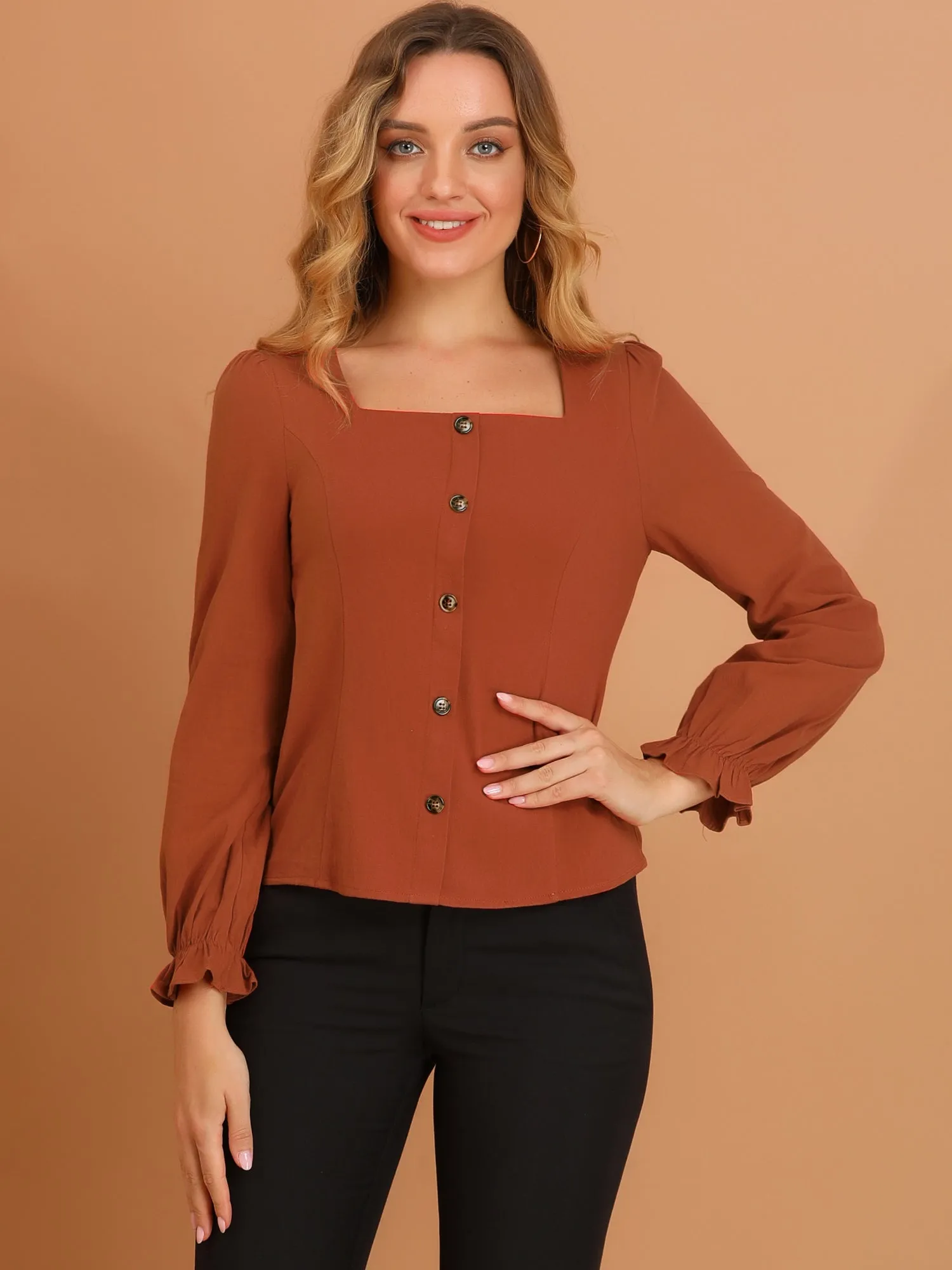 Elegant Square Neck Button Decor Ruffle Cuff Long Sleeve Blouse Tops sold by Allegra K product image thumbnail 2
