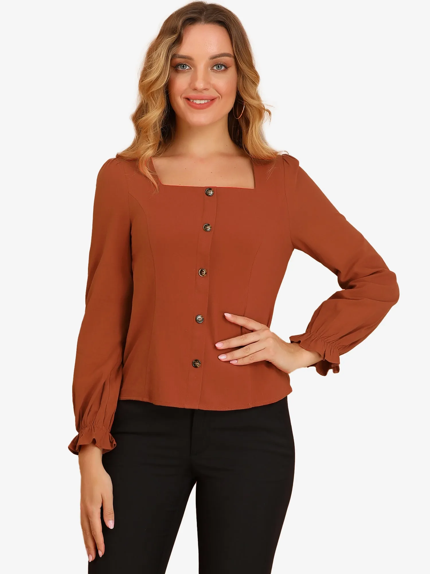 Elegant Square Neck Button Decor Ruffle Cuff Long Sleeve Blouse Tops sold by Allegra K