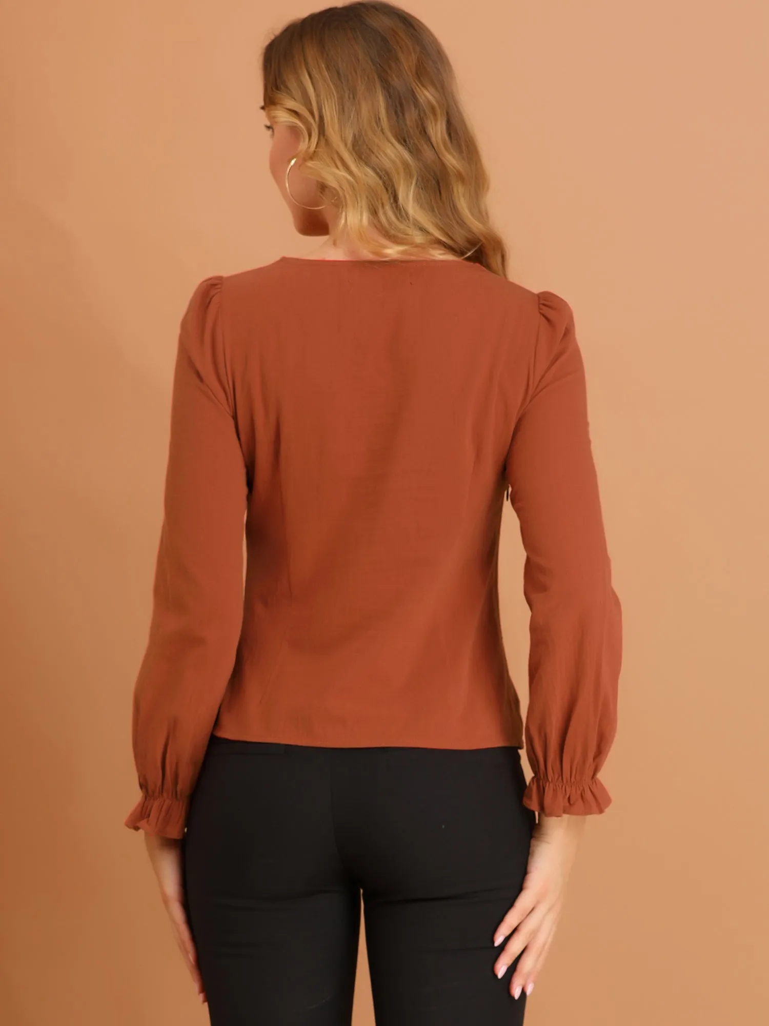 Elegant Square Neck Button Decor Ruffle Cuff Long Sleeve Blouse Tops sold by Allegra K product image thumbnail 5