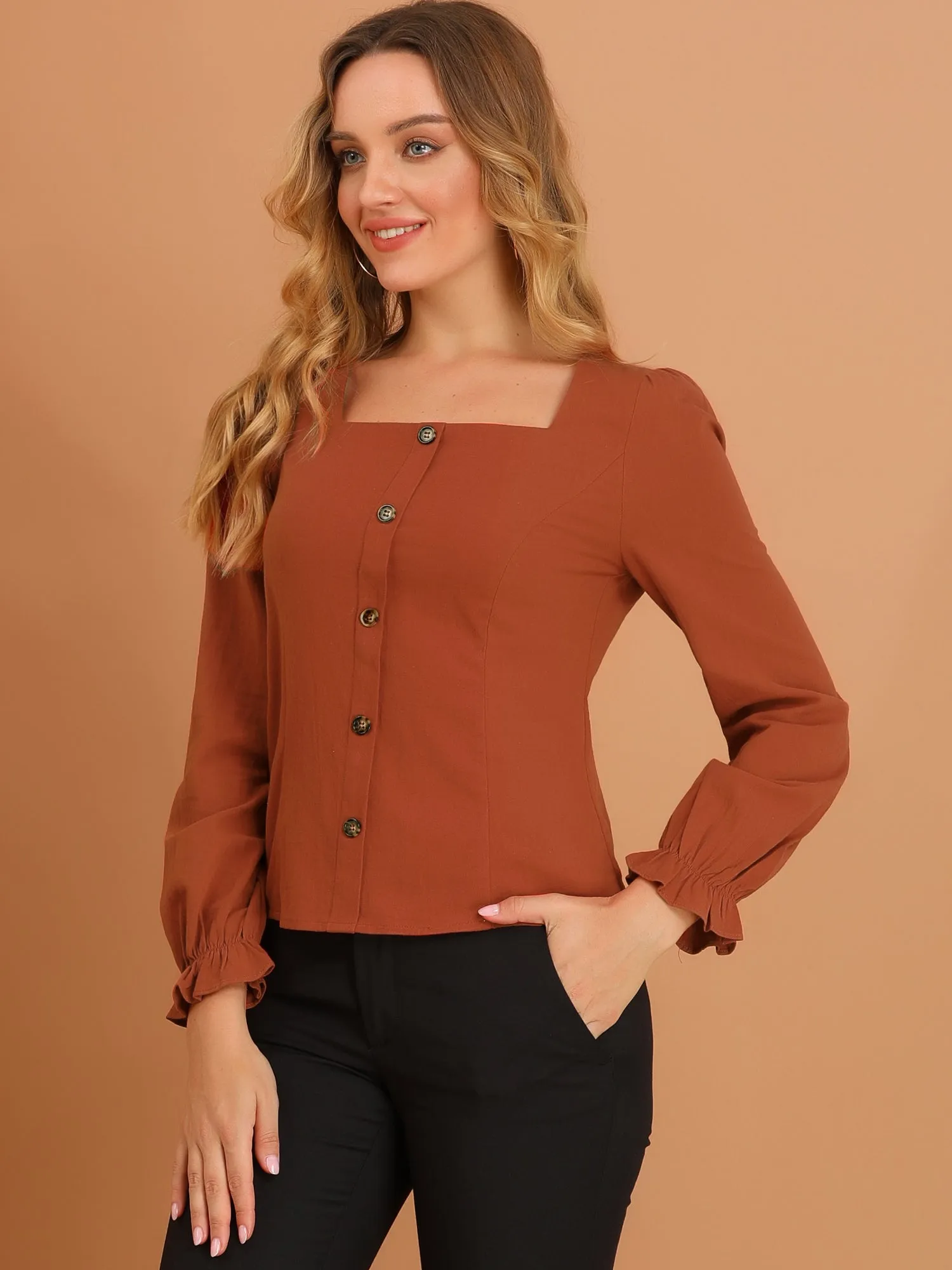 Elegant Square Neck Button Decor Ruffle Cuff Long Sleeve Blouse Tops sold by Allegra K product image thumbnail 4
