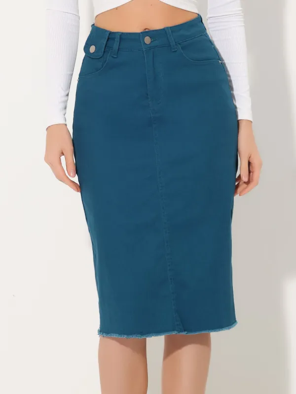 Casual High Waist Back Slit Stretch Denim Midi Skirt sold by Allegra K