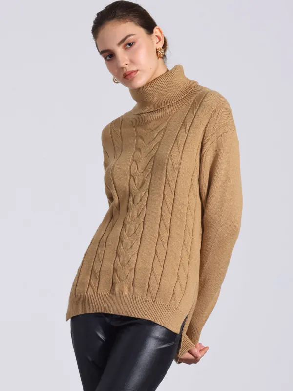 Cable Knit High Low Split Long Sleeve Turtle Neck Jumpers Sweaters sold by Allegra K
