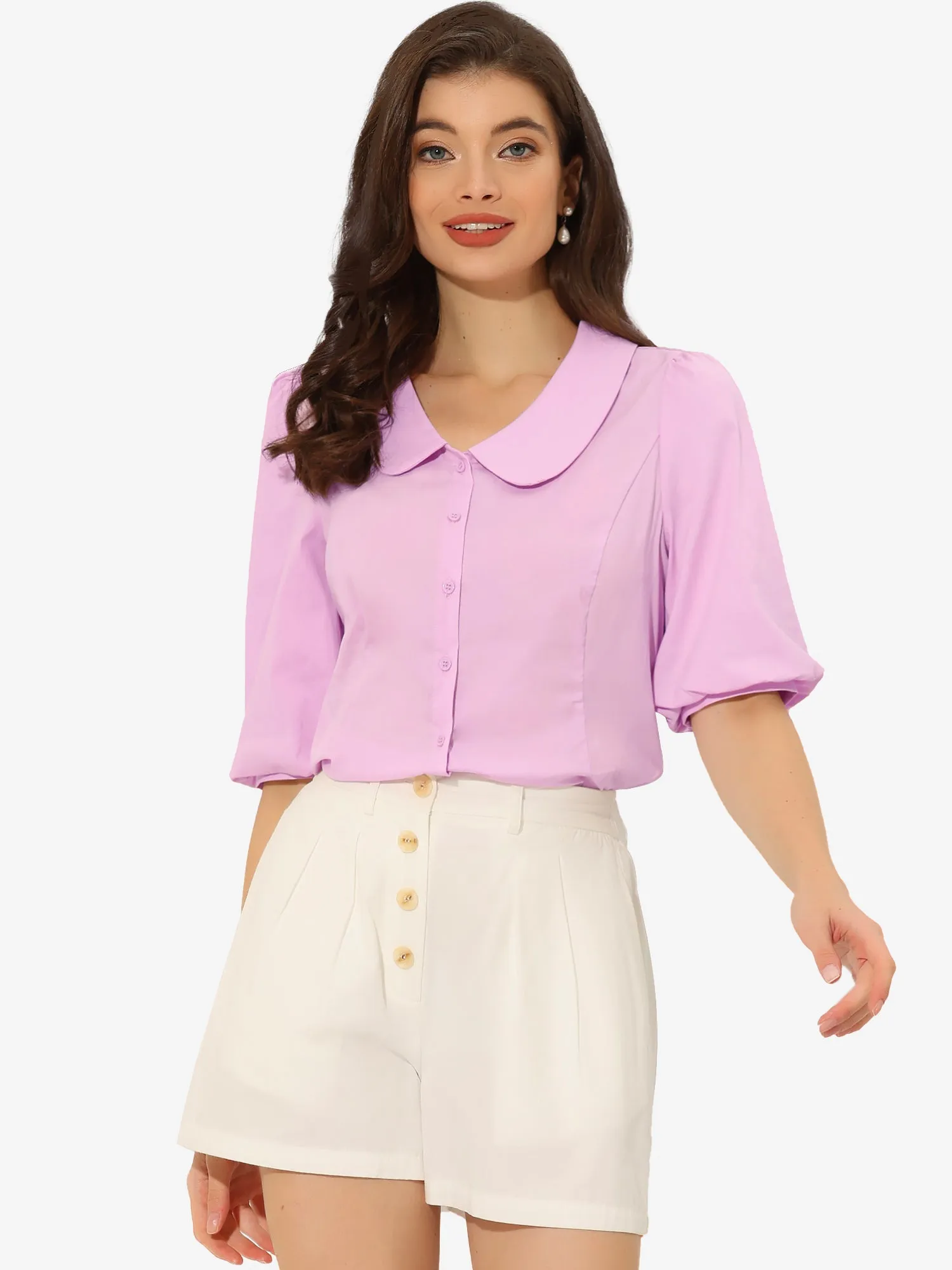 Sweet Short Bubble Sleeve Blouse Peter Pan Collar Solid Top sold by Allegra K