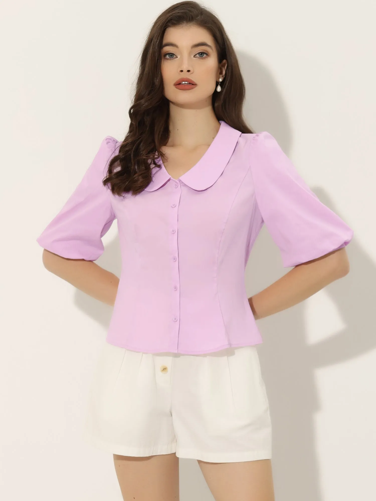 Sweet Short Bubble Sleeve Blouse Peter Pan Collar Solid Top sold by Allegra K product image thumbnail 4