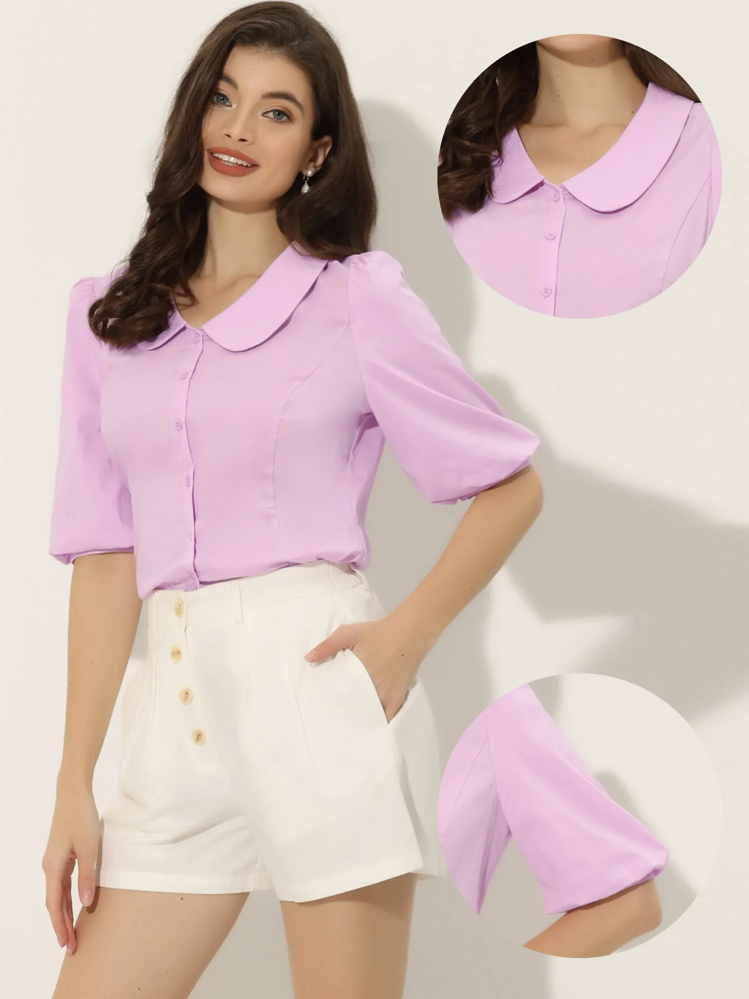 Sweet Short Bubble Sleeve Blouse Peter Pan Collar Solid Top sold by Allegra K product image thumbnail 2