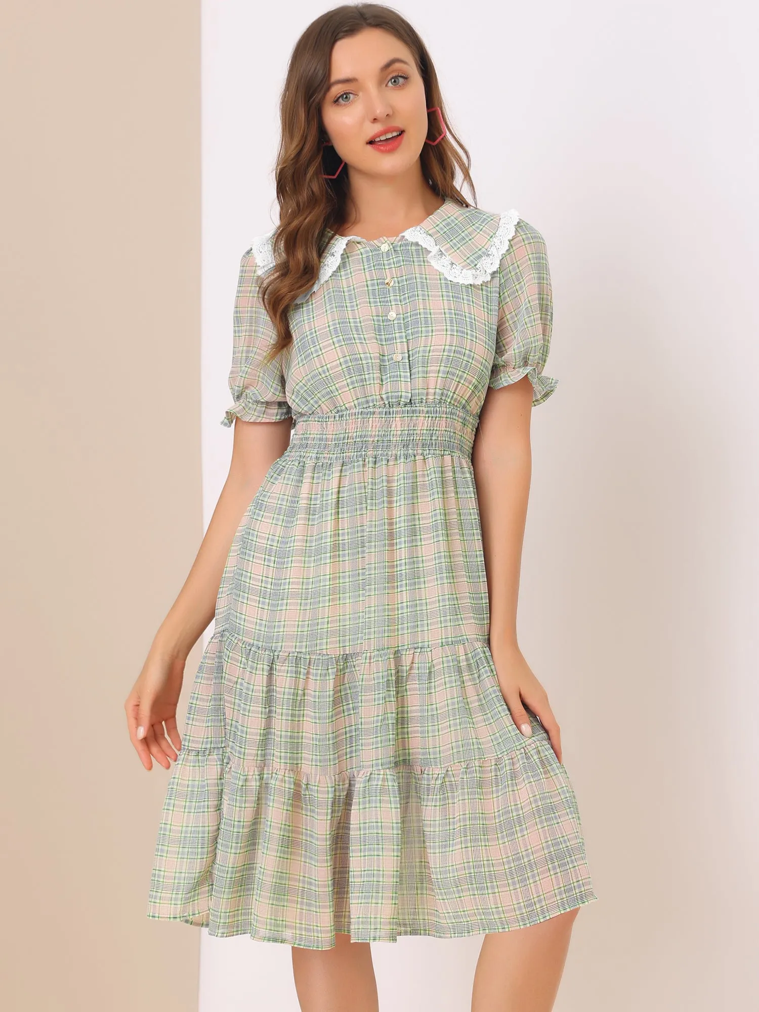 Summer Midi Peter Pan Collar Smocked Ruffle Plaid Chiffon Dress sold by Allegra K