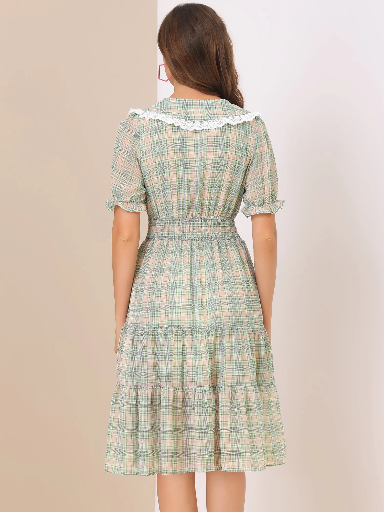 Summer Midi Peter Pan Collar Smocked Ruffle Plaid Chiffon Dress sold by Allegra K product image thumbnail 4
