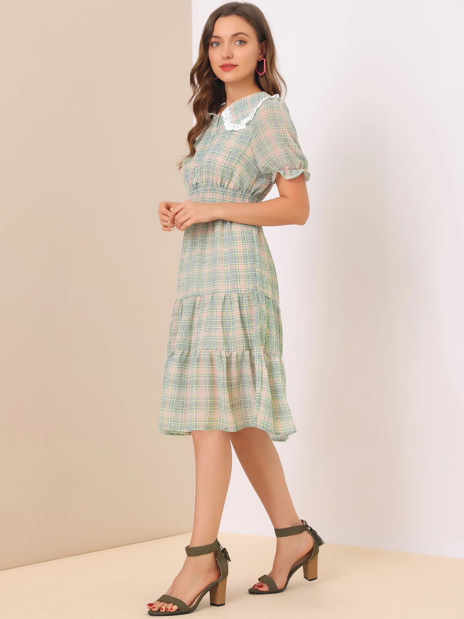 Summer Midi Peter Pan Collar Smocked Ruffle Plaid Chiffon Dress sold by Allegra K product image thumbnail 5