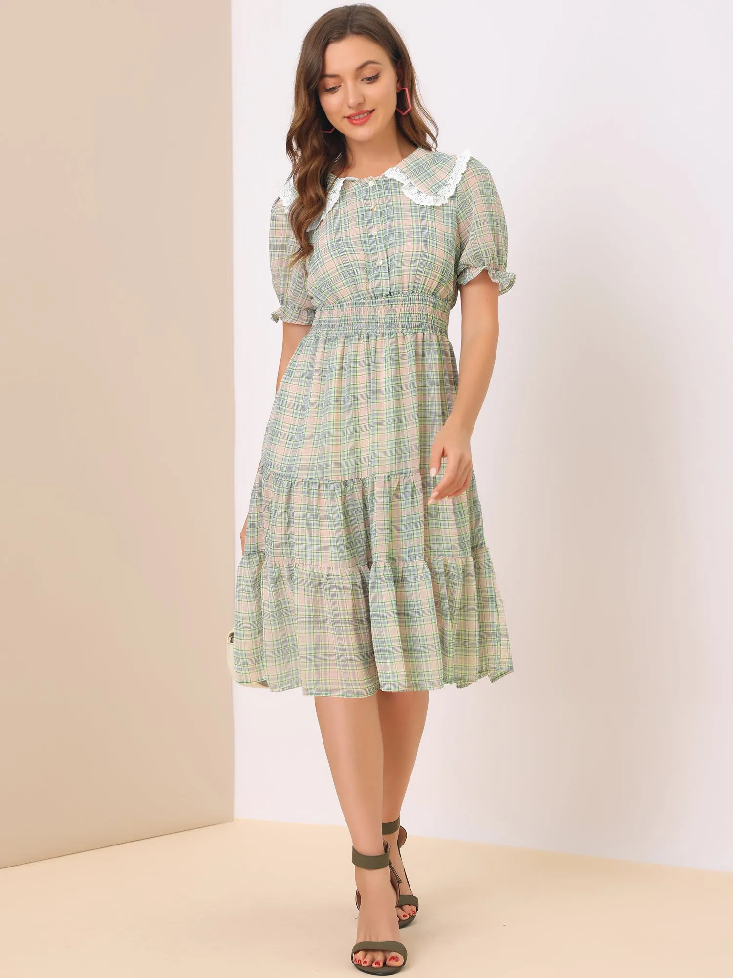 Summer Midi Peter Pan Collar Smocked Ruffle Plaid Chiffon Dress sold by Allegra K product image thumbnail 2