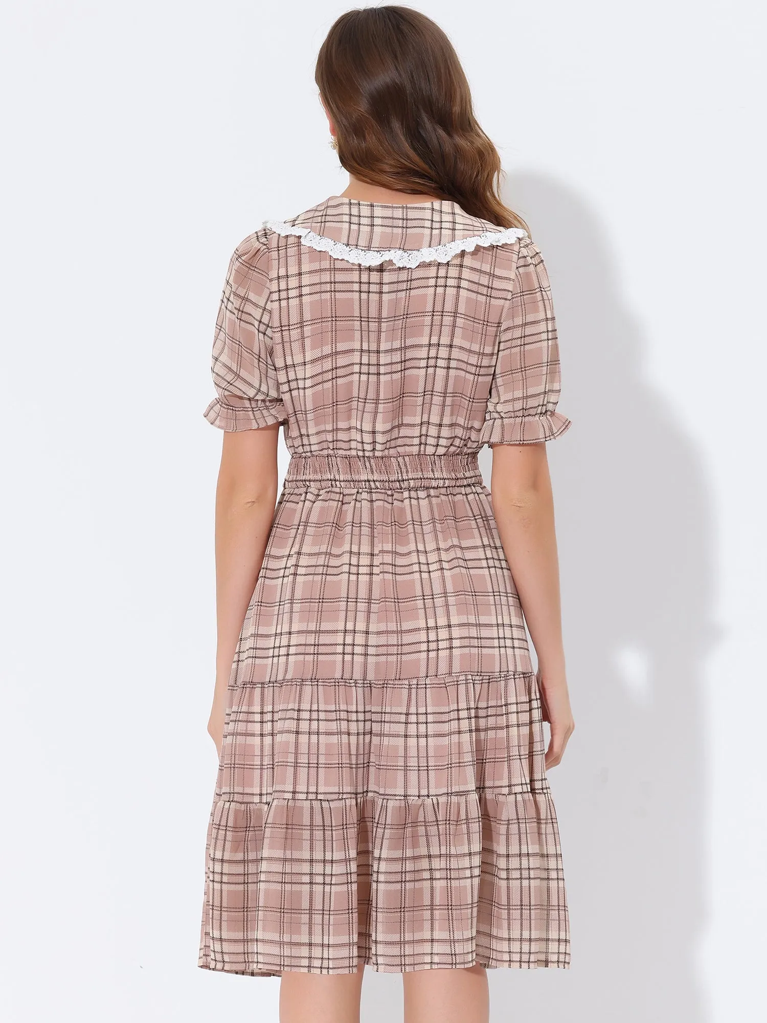 Summer Midi Peter Pan Collar Smocked Ruffle Plaid Chiffon Dress sold by Allegra K product image thumbnail 3
