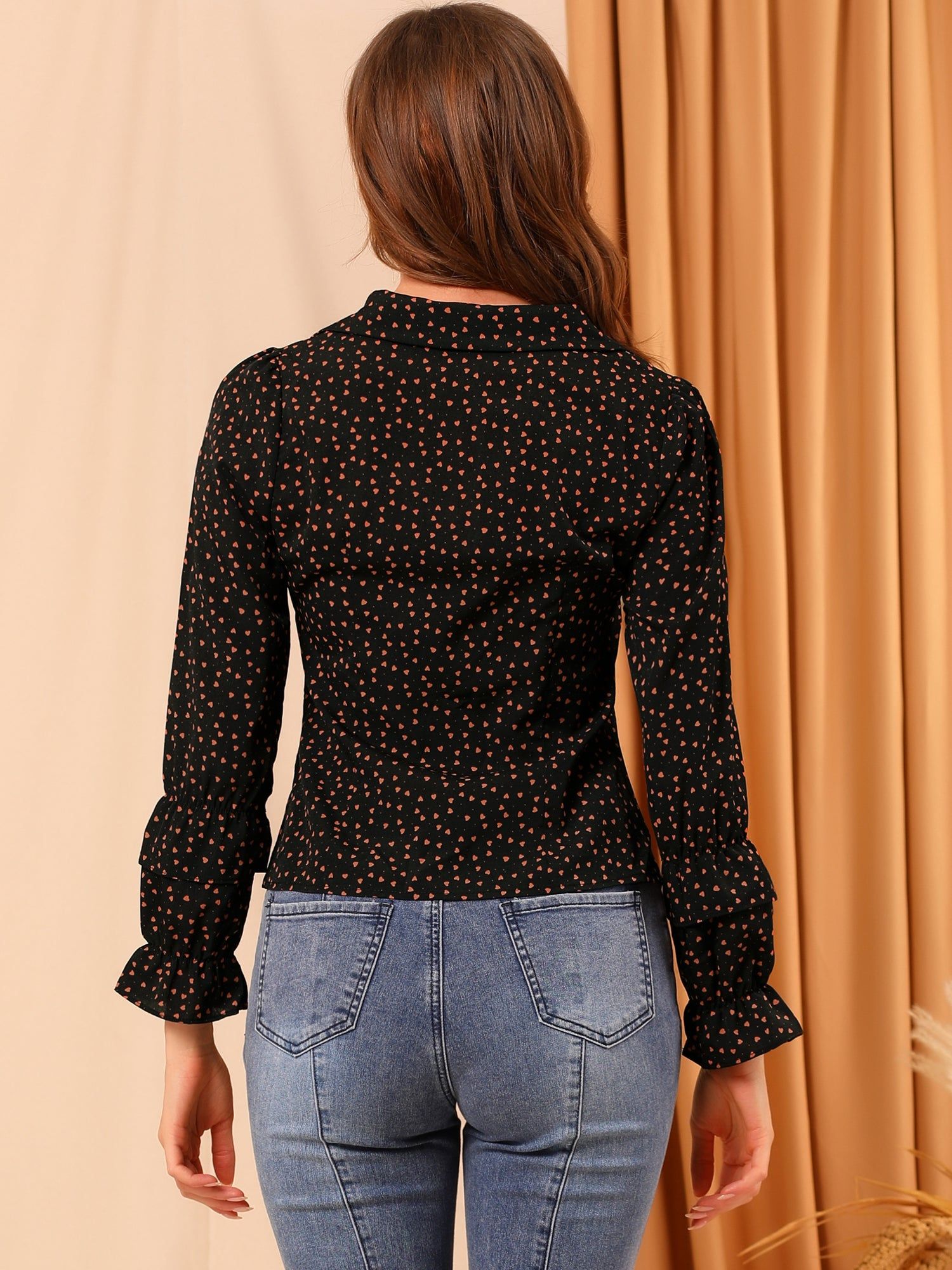 Heart Polka Dot V Neck Camp Collar Puff Long Sleeve Button Shirt sold by Allegra K product image thumbnail 4