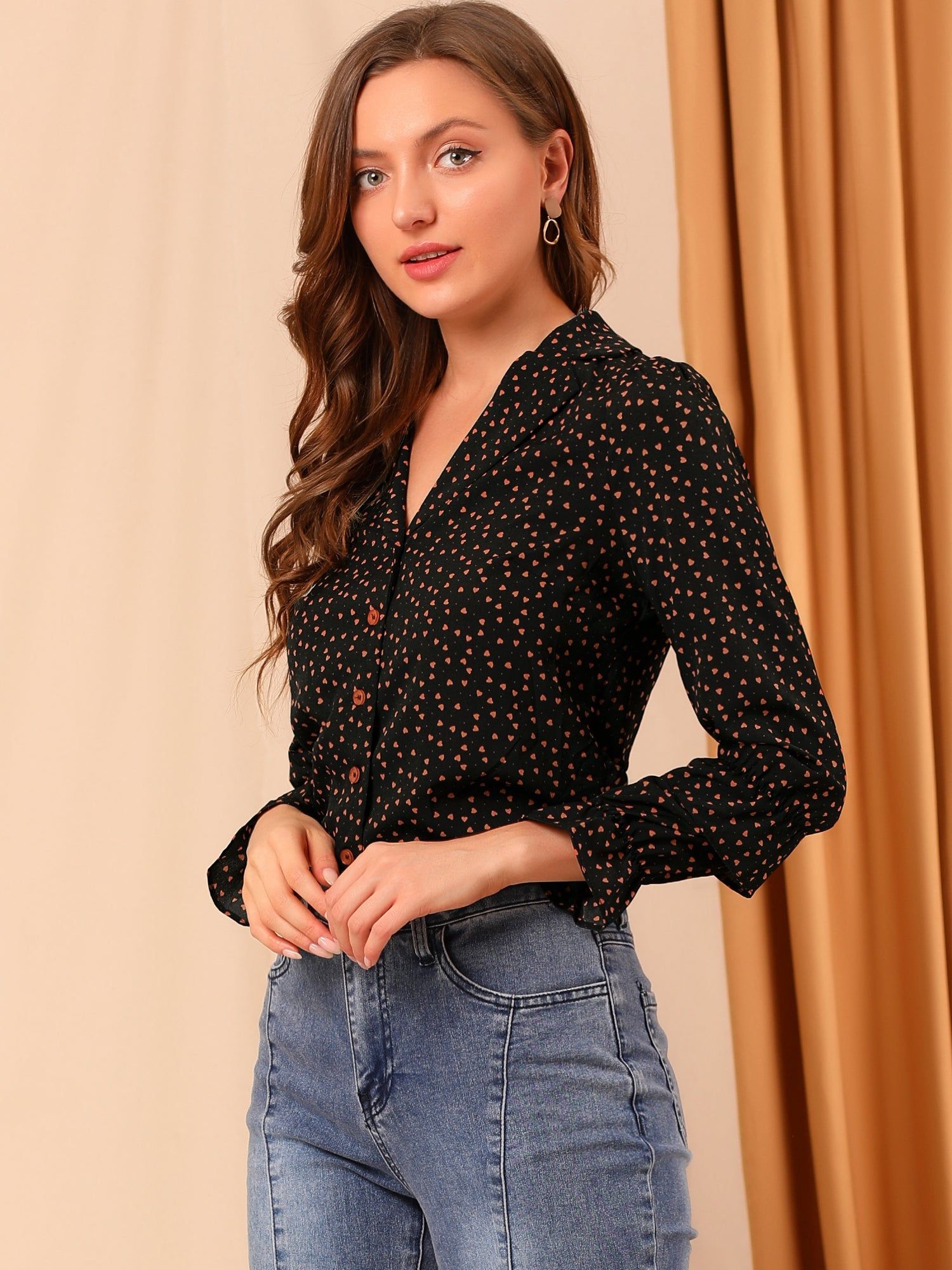 Heart Polka Dot V Neck Camp Collar Puff Long Sleeve Button Shirt sold by Allegra K