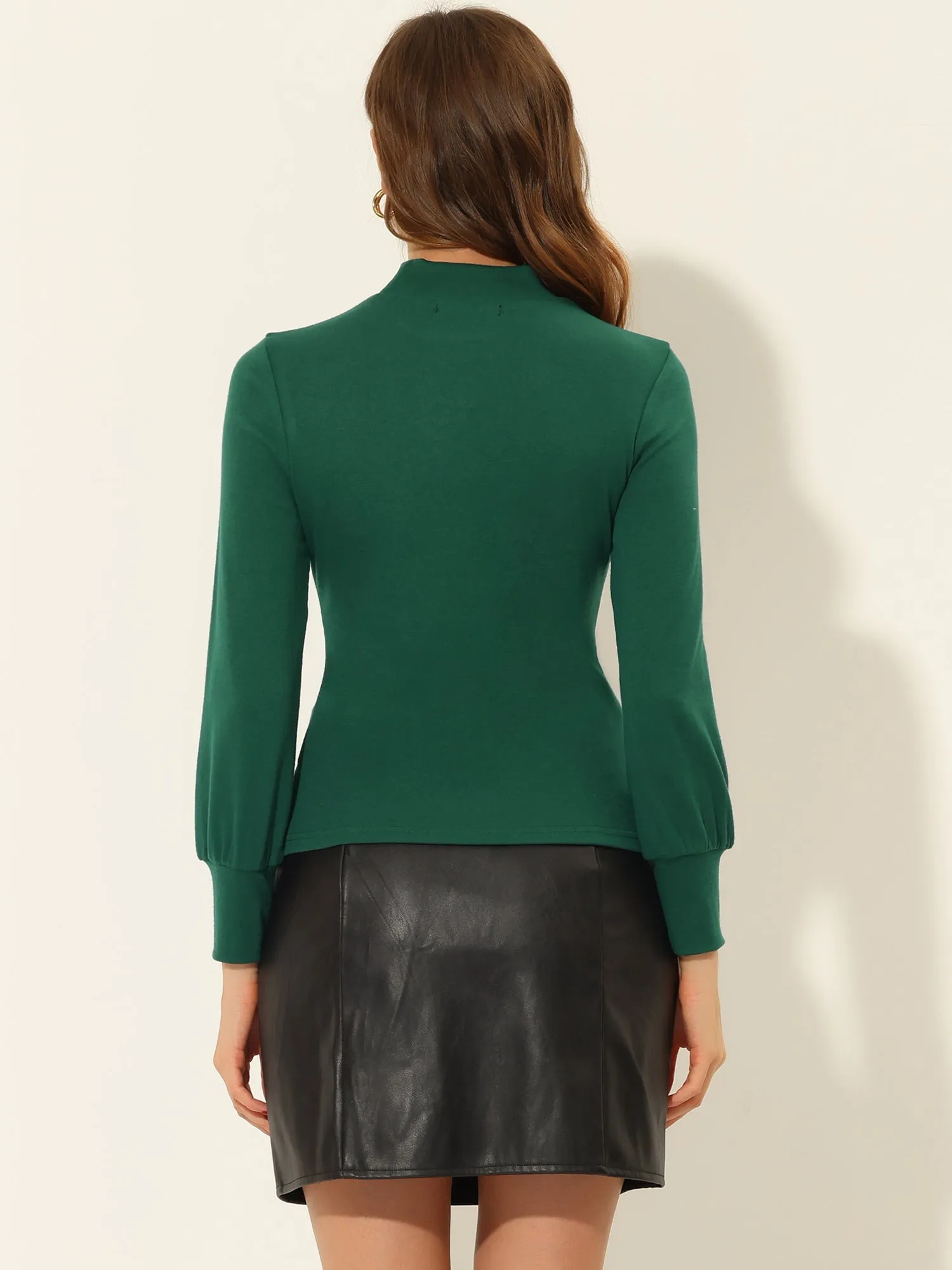 Mock Neck Blouse Top Casual Slim Fit Solid Puff Long Sleeve T Shirt sold by Allegra K product image thumbnail 3