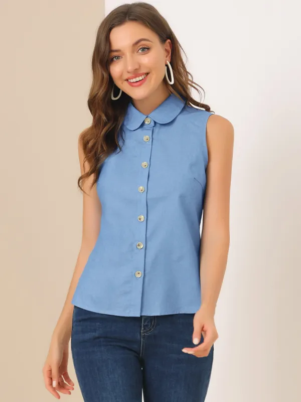 Casual Sleeveless Button Down Peter Pan Collar Chambray Shirt sold by Allegra K