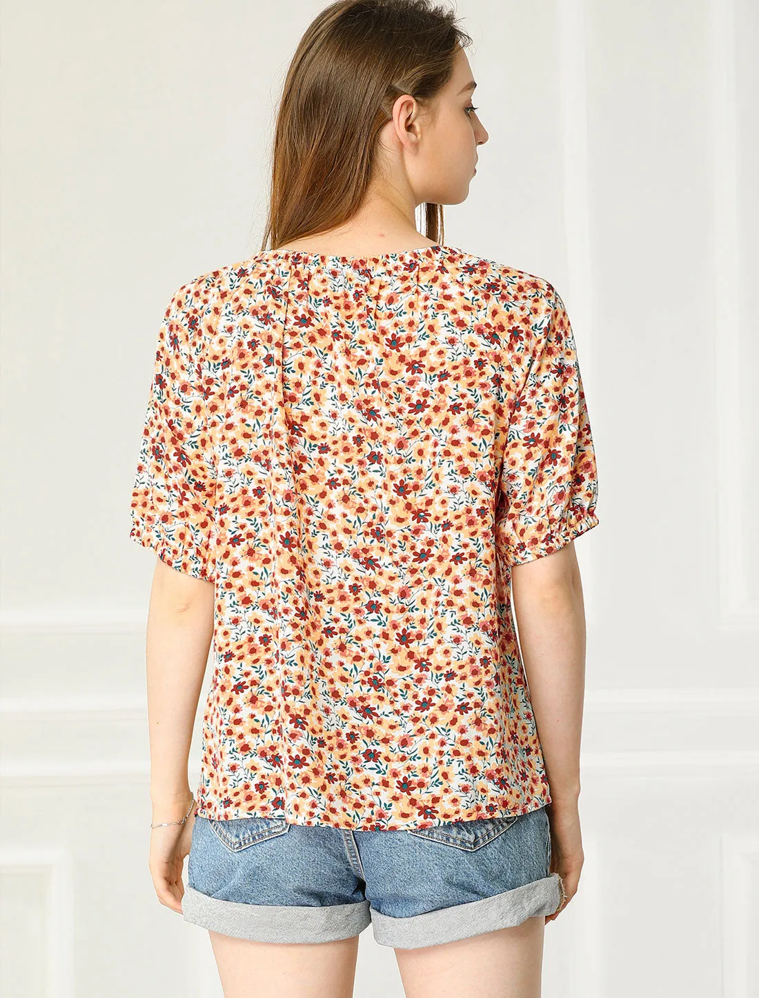 Floral Print Round Neck Peasant Casual Puff Short Sleeve Blouse sold by Allegra K product image thumbnail 5