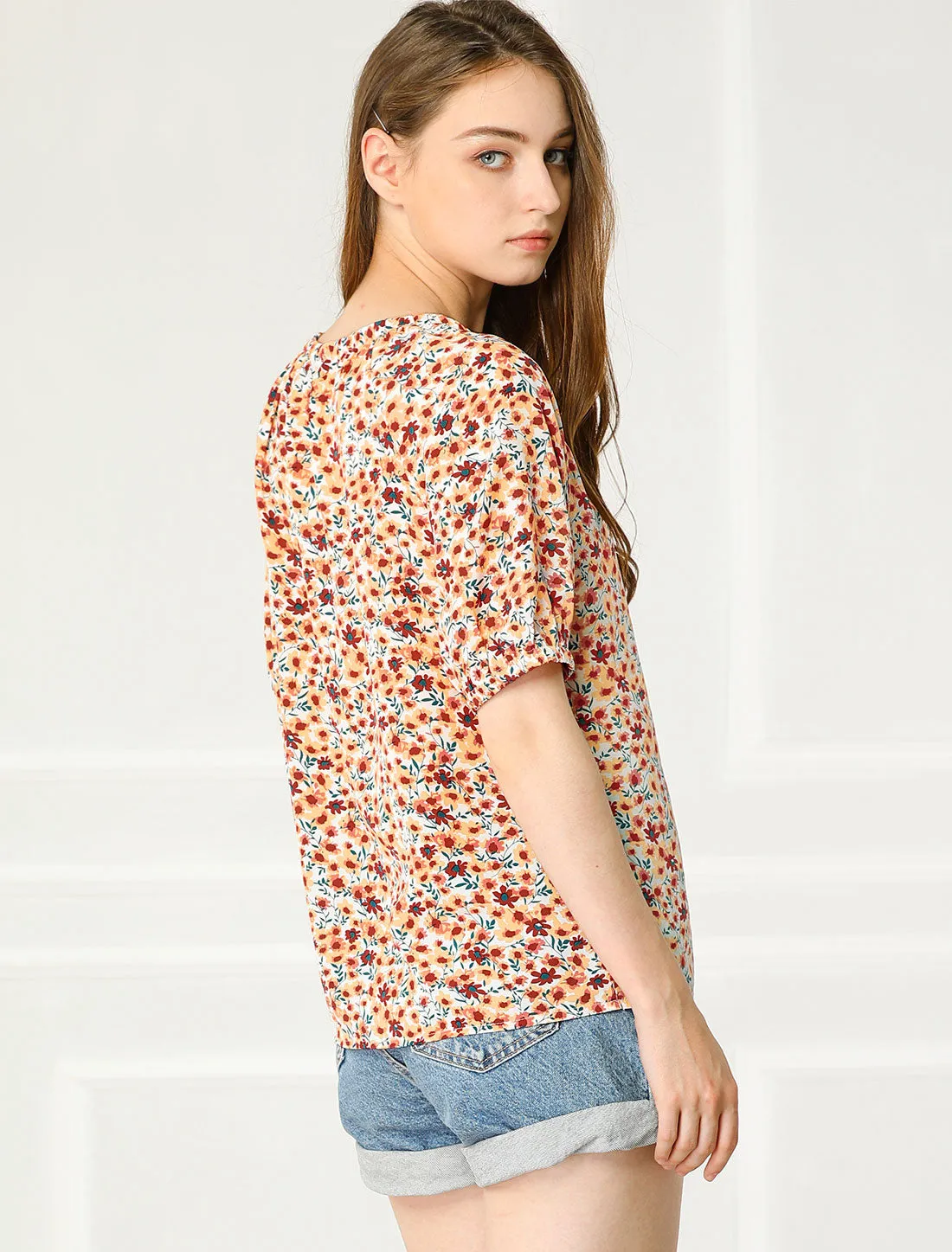 Floral Print Round Neck Peasant Casual Puff Short Sleeve Blouse sold by Allegra K product image thumbnail 4