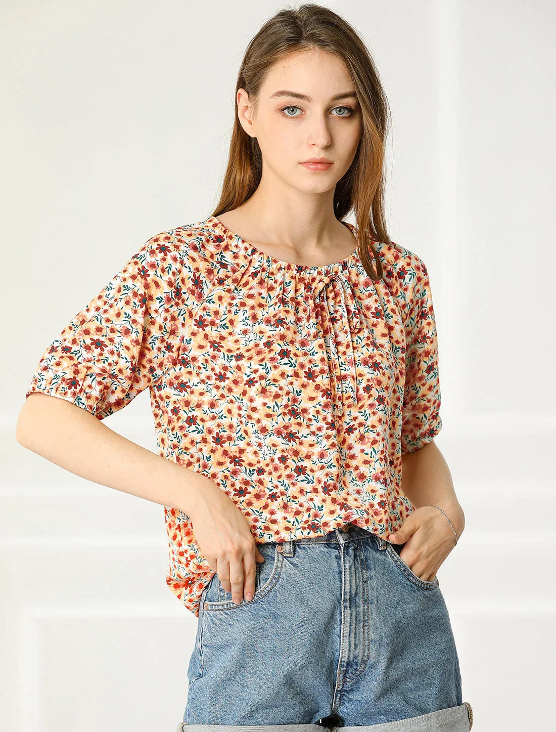 Floral Print Round Neck Peasant Casual Puff Short Sleeve Blouse sold by Allegra K