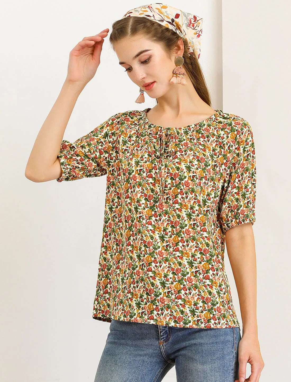 Floral Print Round Neck Peasant Casual Puff Short Sleeve Blouse sold by Allegra K product image thumbnail 2