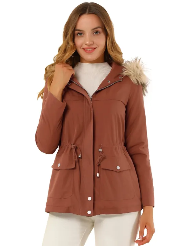 Parkas with Faux Fur Lined Winter Warm Drawstring Zipper Hoodie Coat sold by Allegra K