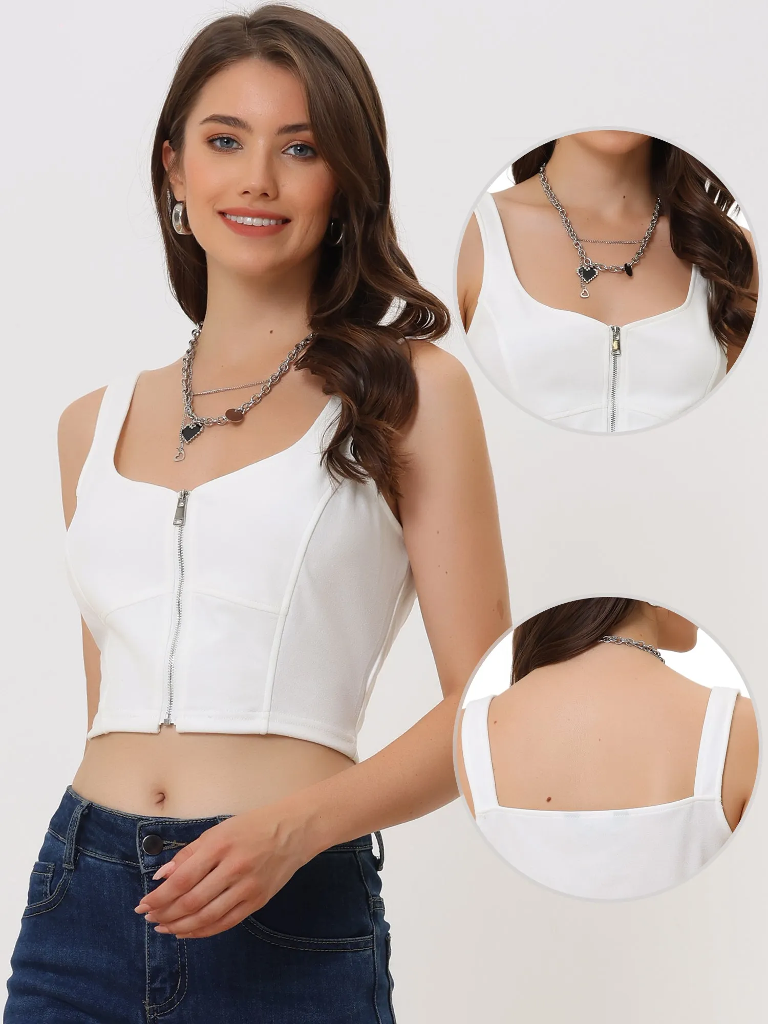 Cami Sleeveless Spaghetti Strap Zip Up Sexy Tank Crop Top sold by Allegra K product image thumbnail 2