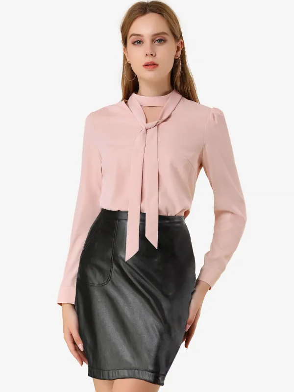 Bow Tie Neck Long Sleeve Choker Neck Chiffon Elegant Blouse sold by Allegra K