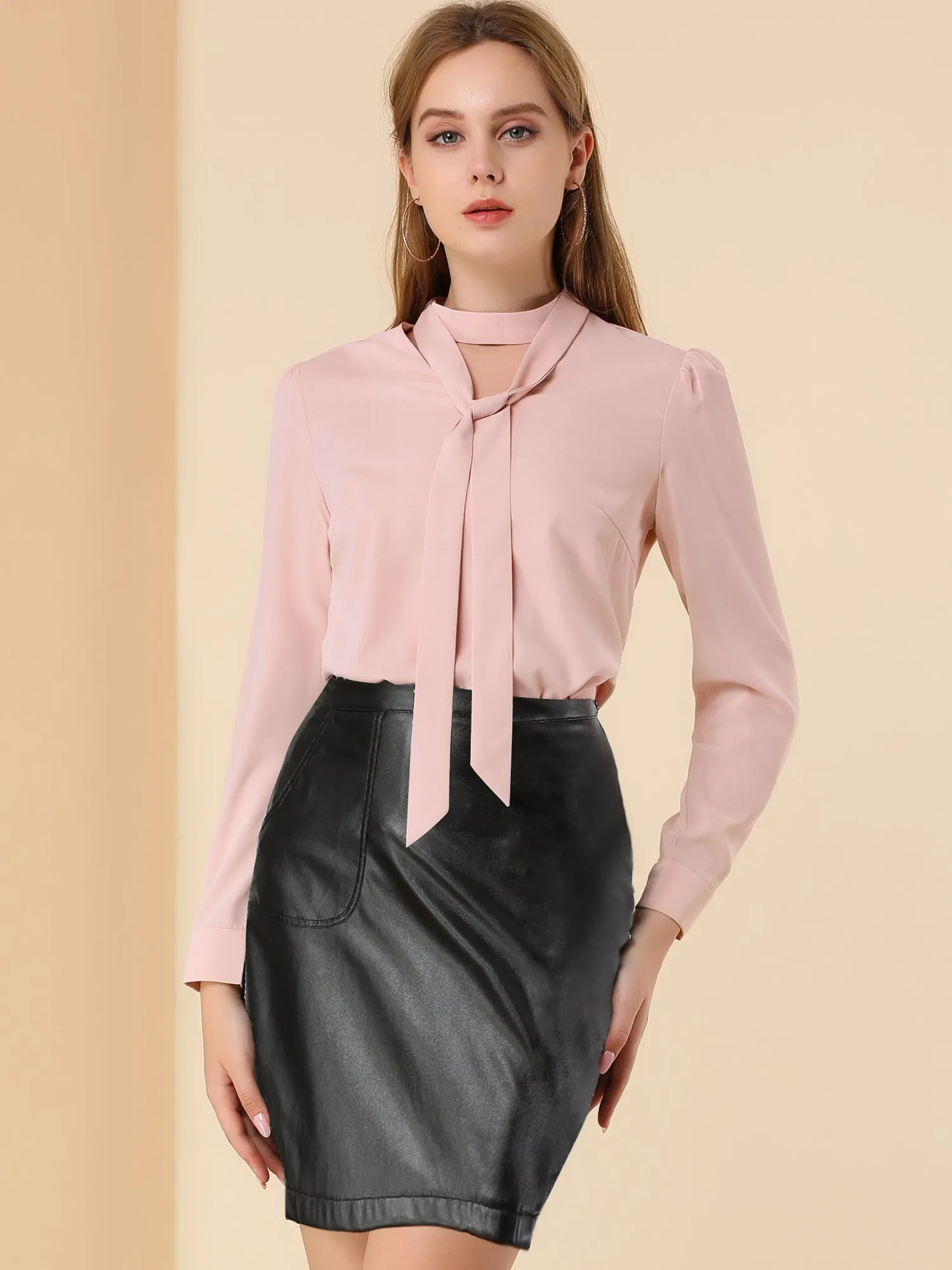 Bow Tie Neck Long Sleeve Choker Neck Chiffon Elegant Blouse sold by Allegra K product image thumbnail 2