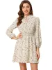 Smocked Waist Tie Neck Floral Long Sleeve Dress sold by Allegra K