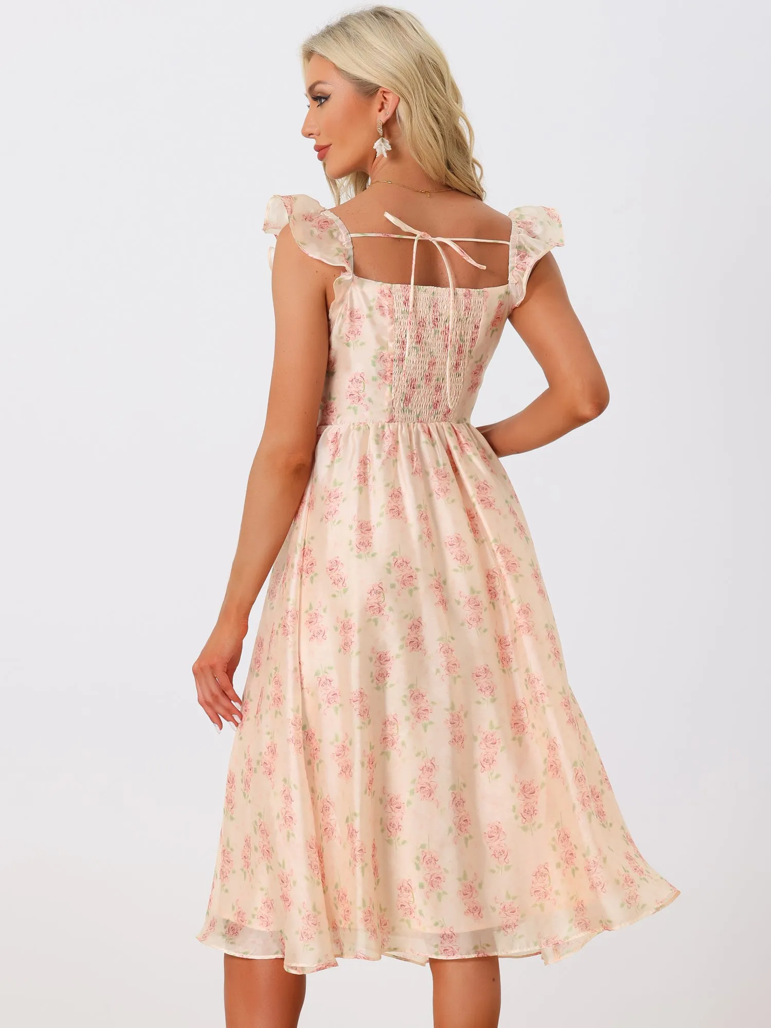 Floral Ruffle Smocked Shirred Back Sleeveless Square Neck Midi Dress Sundress sold by Allegra K product image thumbnail 3