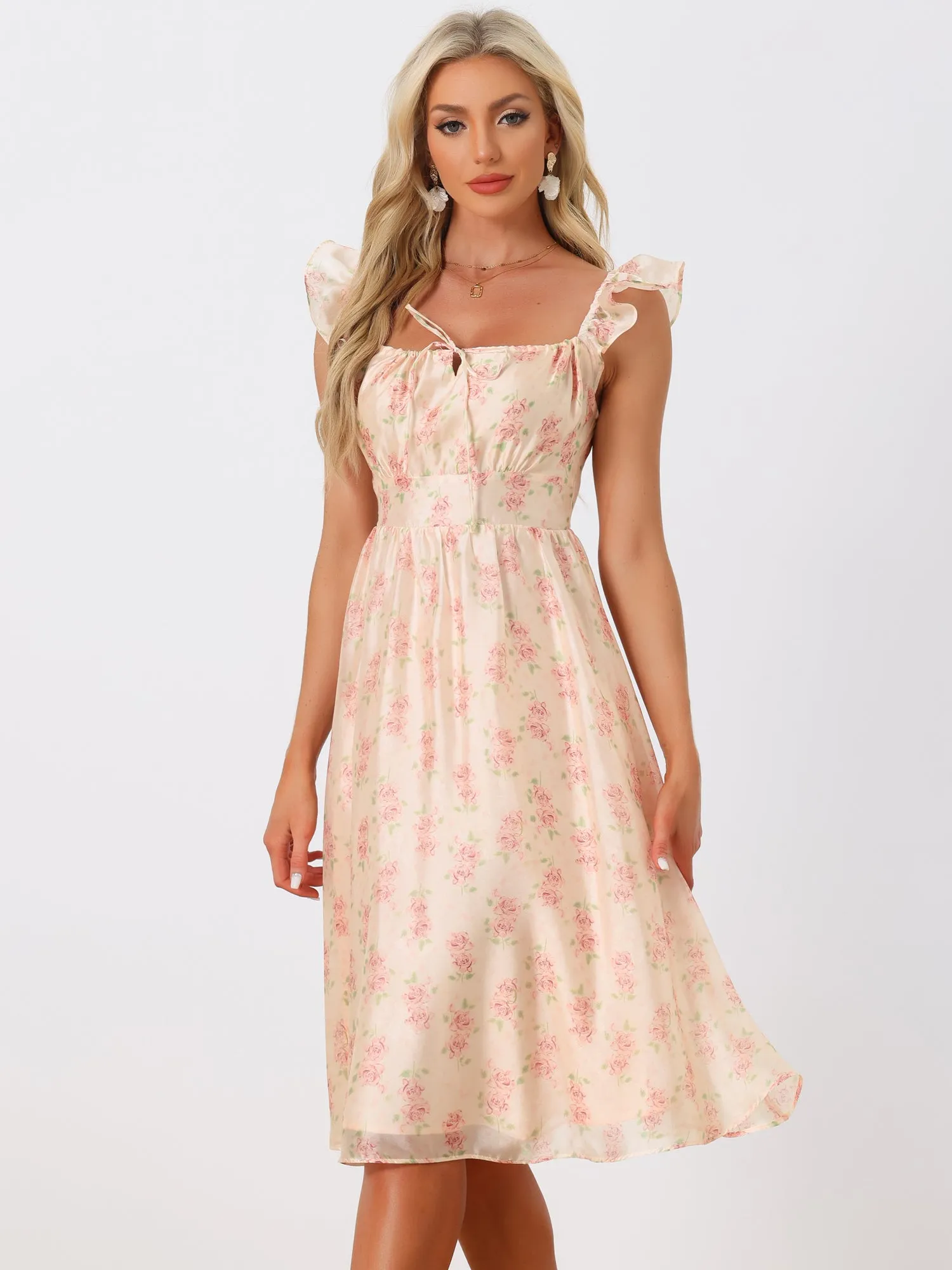 Floral Ruffle Smocked Shirred Back Sleeveless Square Neck Midi Dress Sundress sold by Allegra K product image thumbnail 2