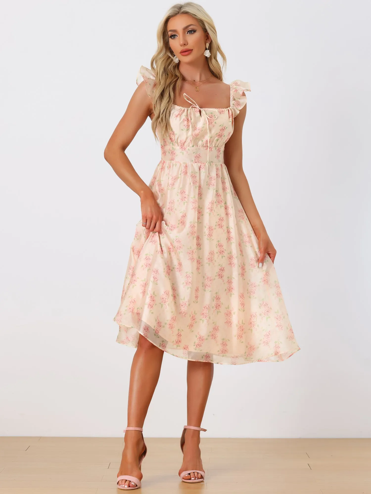 Floral Ruffle Smocked Shirred Back Sleeveless Square Neck Midi Dress Sundress sold by Allegra K
