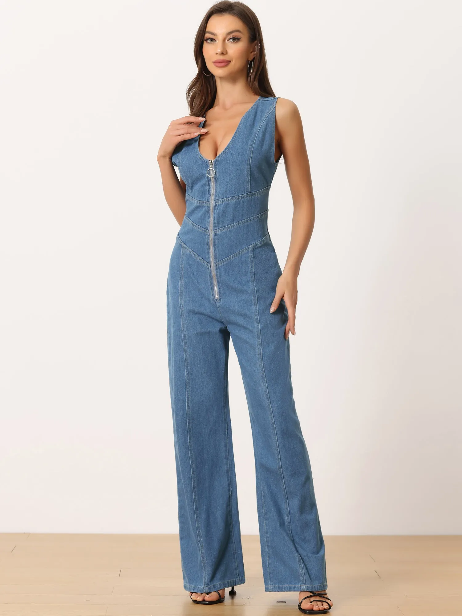 Women's Jean Jumpsuit V Neck Zip Up Backless Cut Out Denim