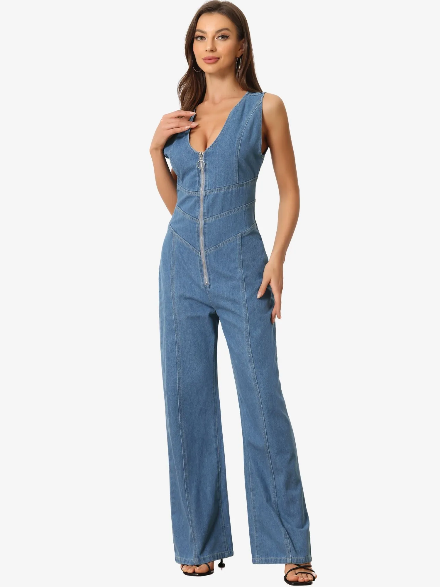 セール】Front Zip V Neck Jumpsuit/Vネックジャンプスーツ