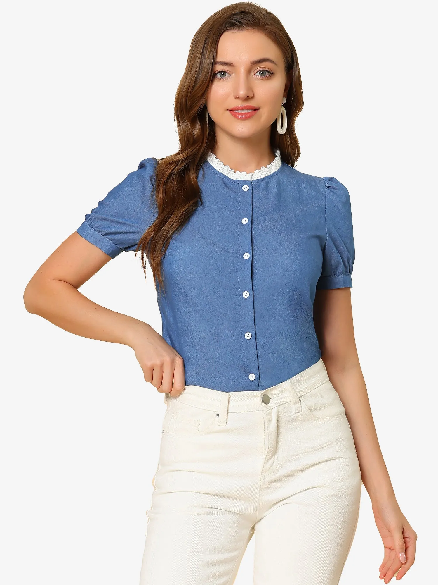 Puff Sleeve Stand Collar Tops Button Down Chambray Shirt sold by Allegra K
