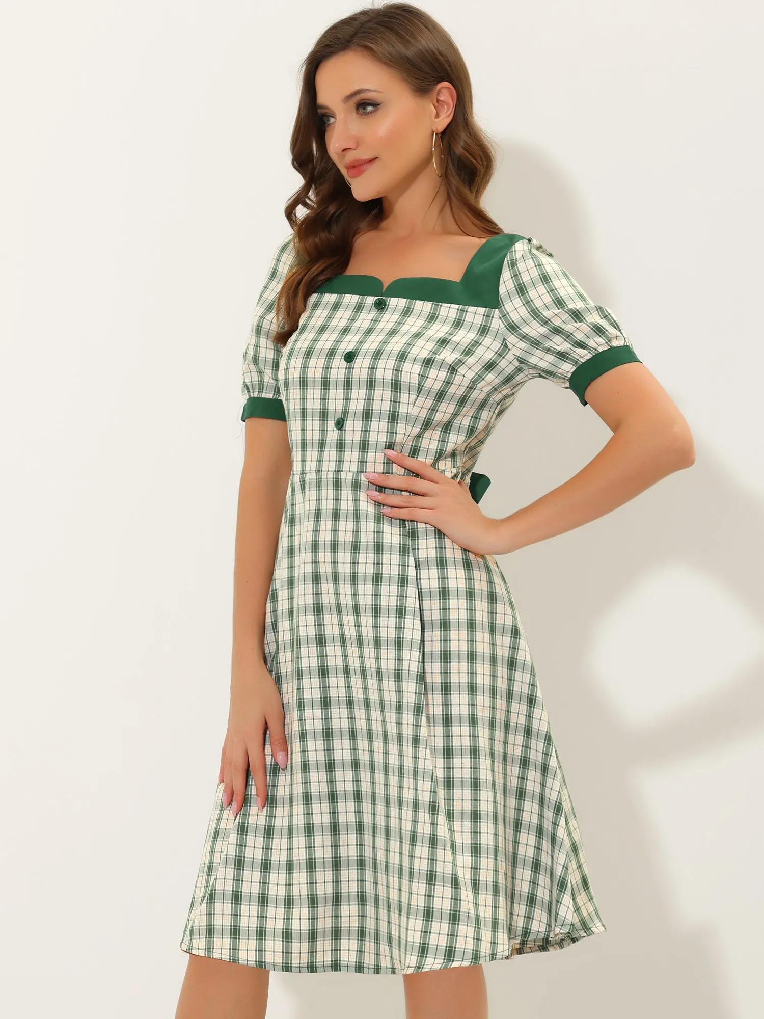 Plaid Square Neck Tie Back Contrast Short Sleeve A-line Dress sold by Allegra K product image thumbnail 4