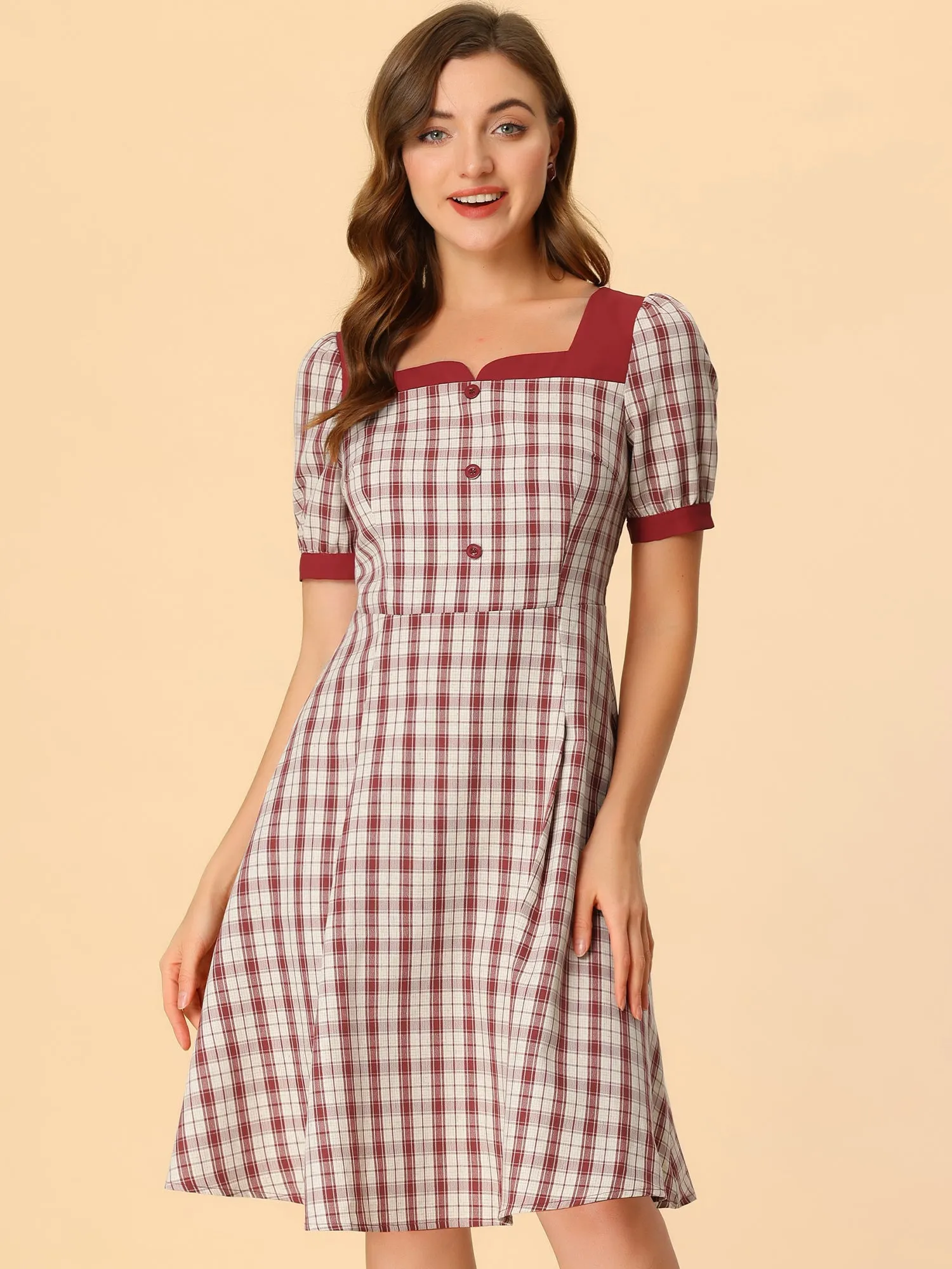 Plaid Square Neck Tie Back Contrast Short Sleeve A-line Dress sold by Allegra K product image thumbnail 5