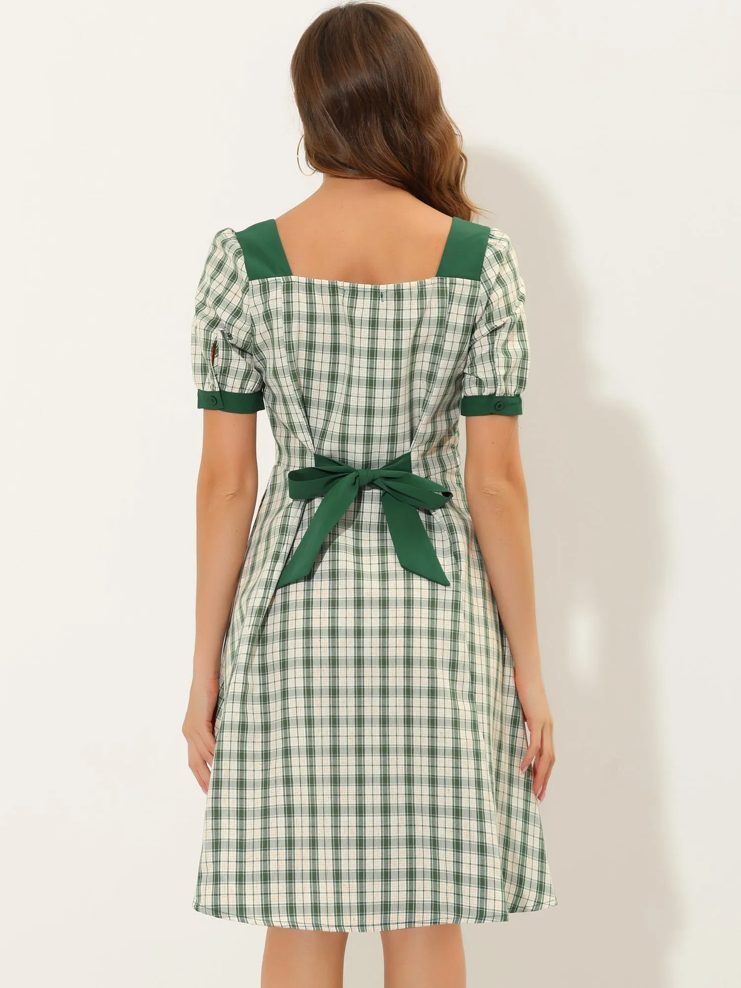 Plaid Square Neck Tie Back Contrast Short Sleeve A-line Dress sold by Allegra K product image thumbnail 3