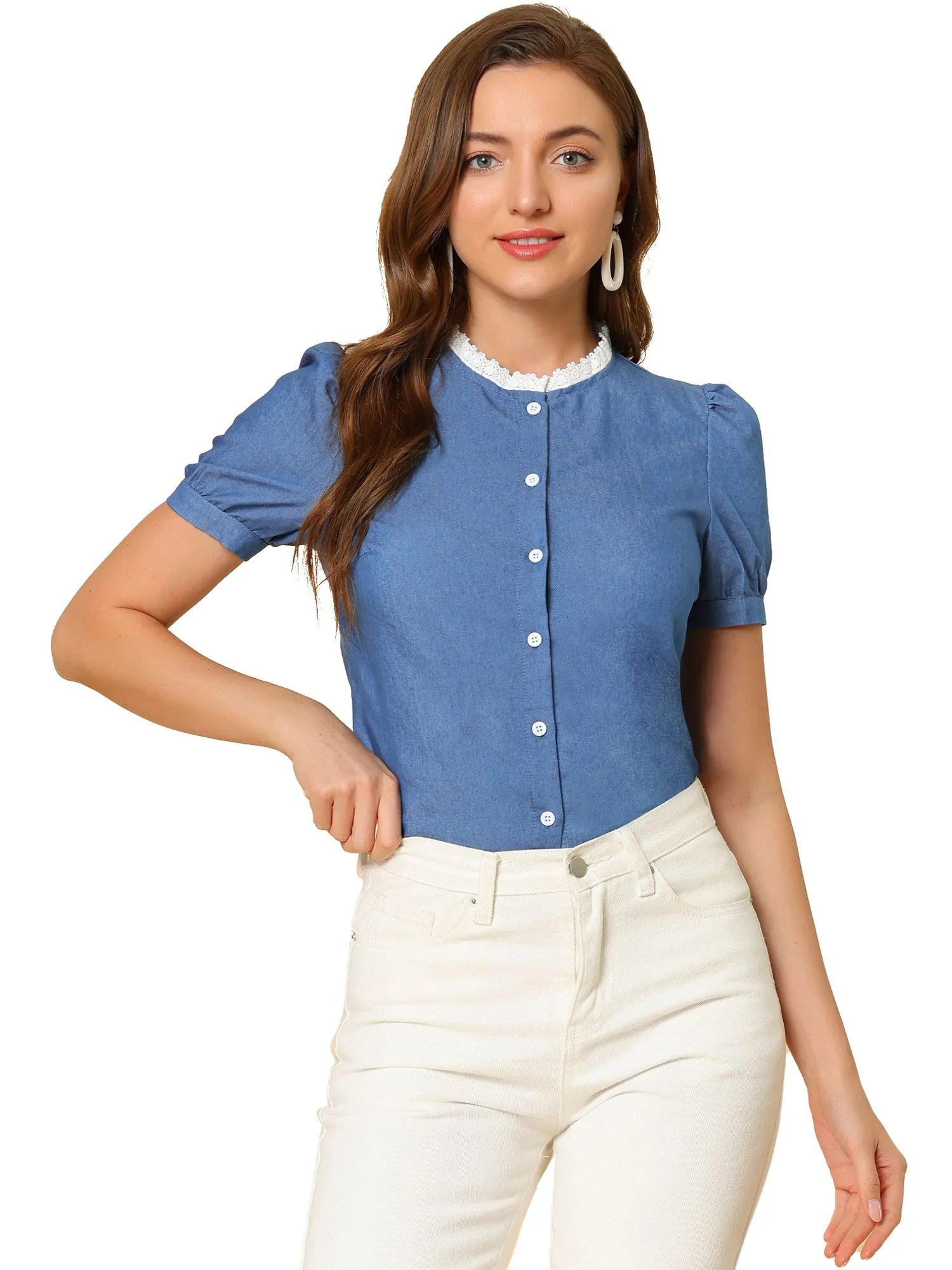 Puff Sleeve Stand Collar Tops Button Down Chambray Shirt sold by Allegra K product image thumbnail 2
