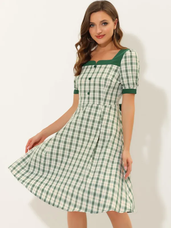 Plaid Square Neck Tie Back Contrast Short Sleeve A-line Dress sold by Allegra K