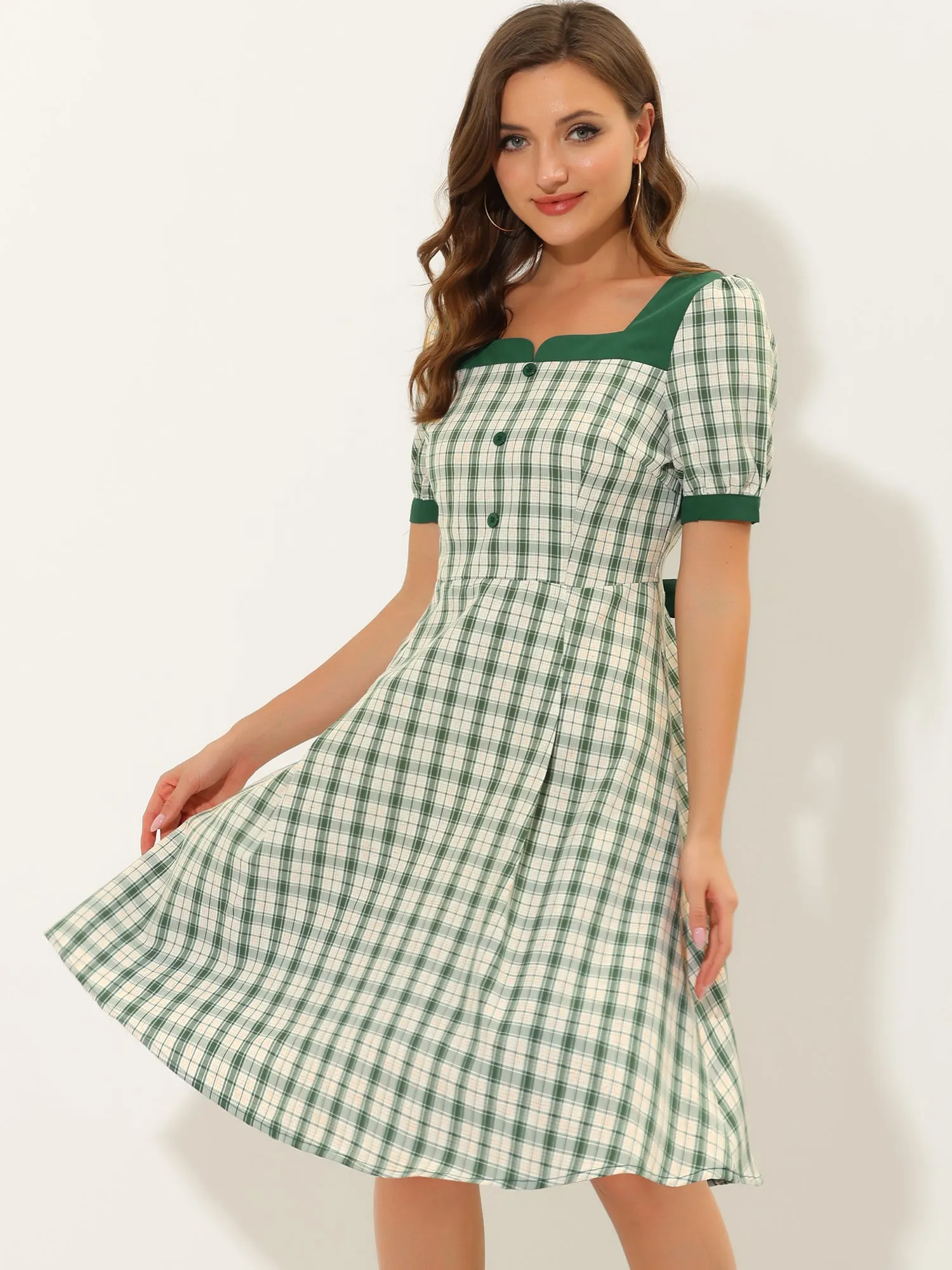 Plaid Square Neck Tie Back Contrast Short Sleeve A-line Dress sold by Allegra K