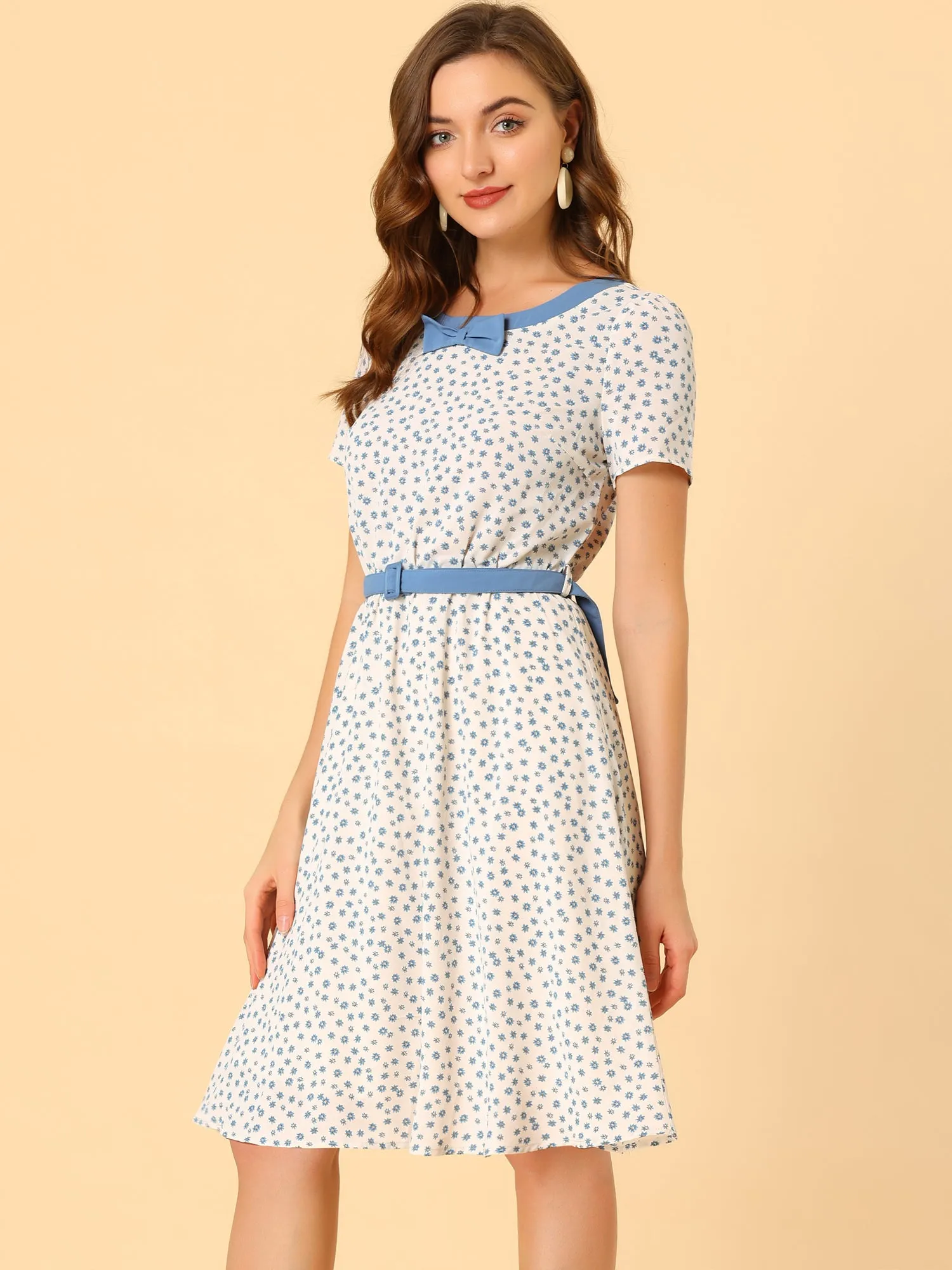 Floral Contrast Trim Round Neck Bow Tie Belt Midi Dress sold by Allegra K