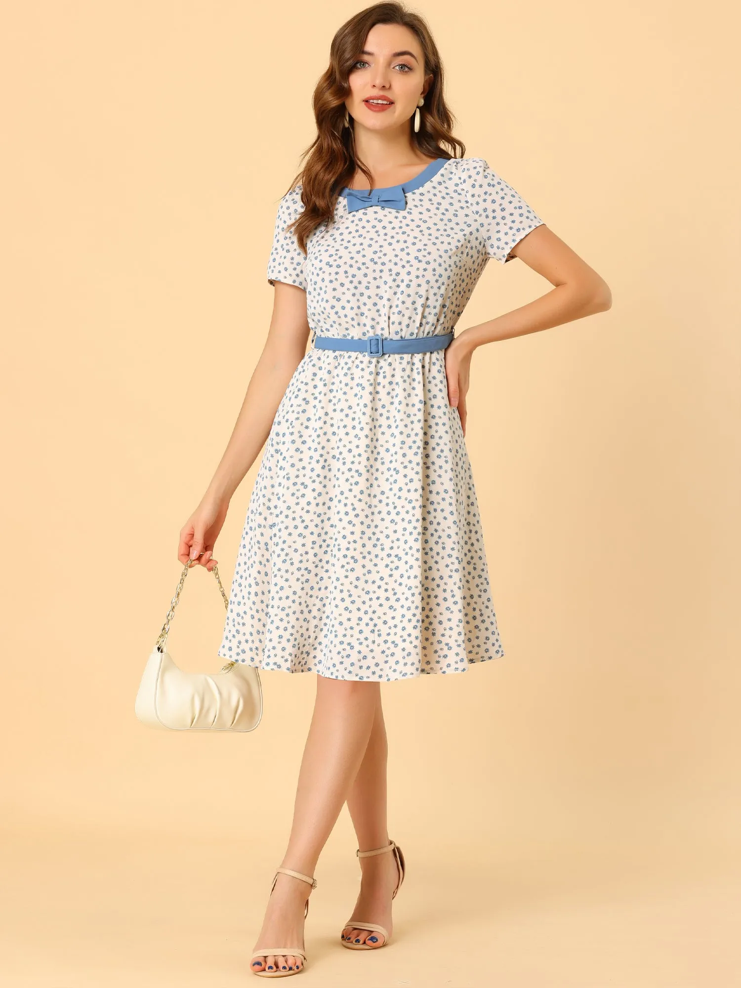 Floral Contrast Trim Round Neck Bow Tie Belt Midi Dress sold by Allegra K product image thumbnail 3
