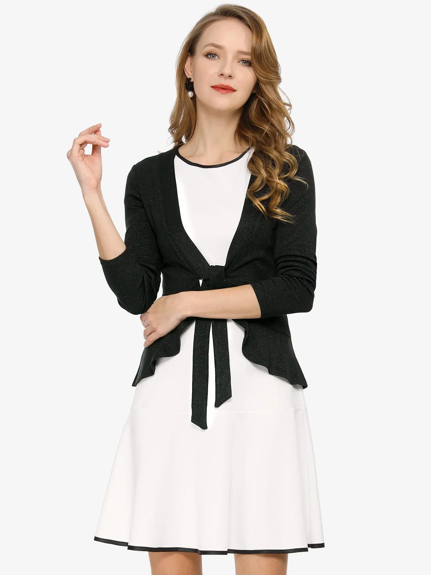 Women's Tie Front Knit Ruffled Long Sleeve Open Cardigan sold by Allegra K