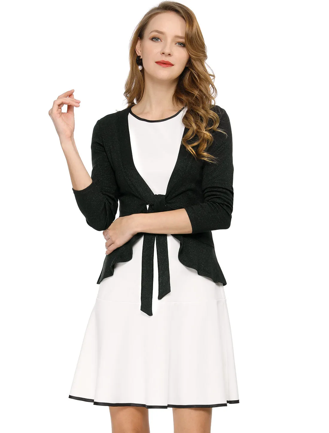 Women's Tie Front Knit Ruffled Long Sleeve Open Cardigan sold by Allegra K product image thumbnail 2