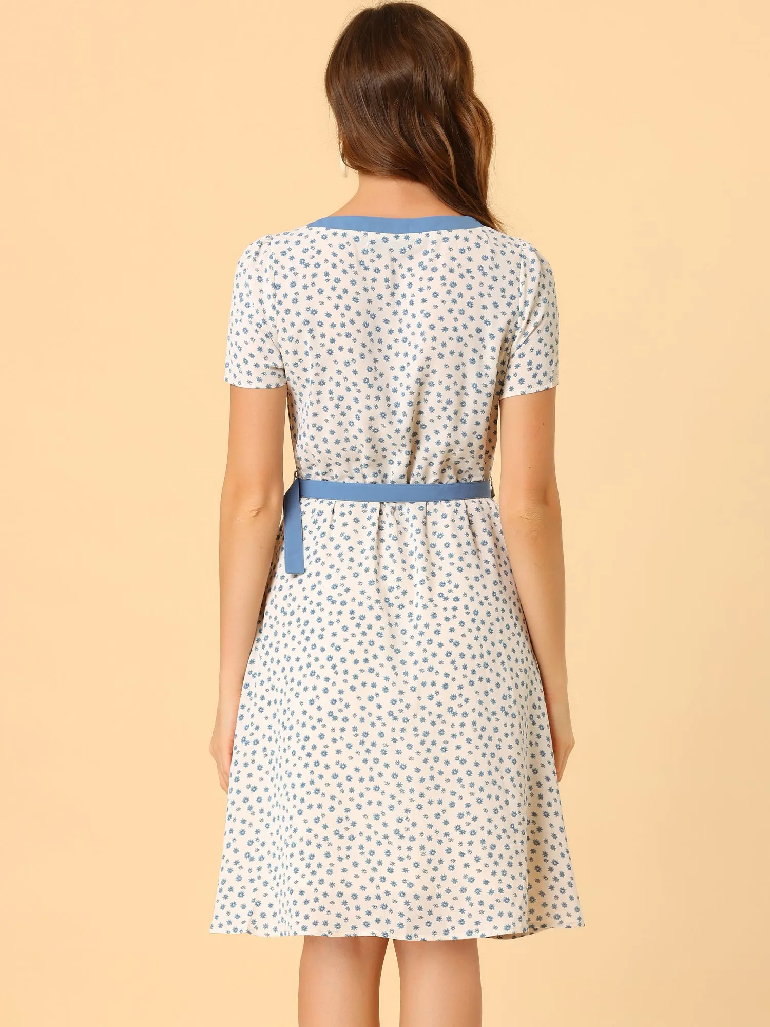 Floral Contrast Trim Round Neck Bow Tie Belt Midi Dress sold by Allegra K product image thumbnail 2