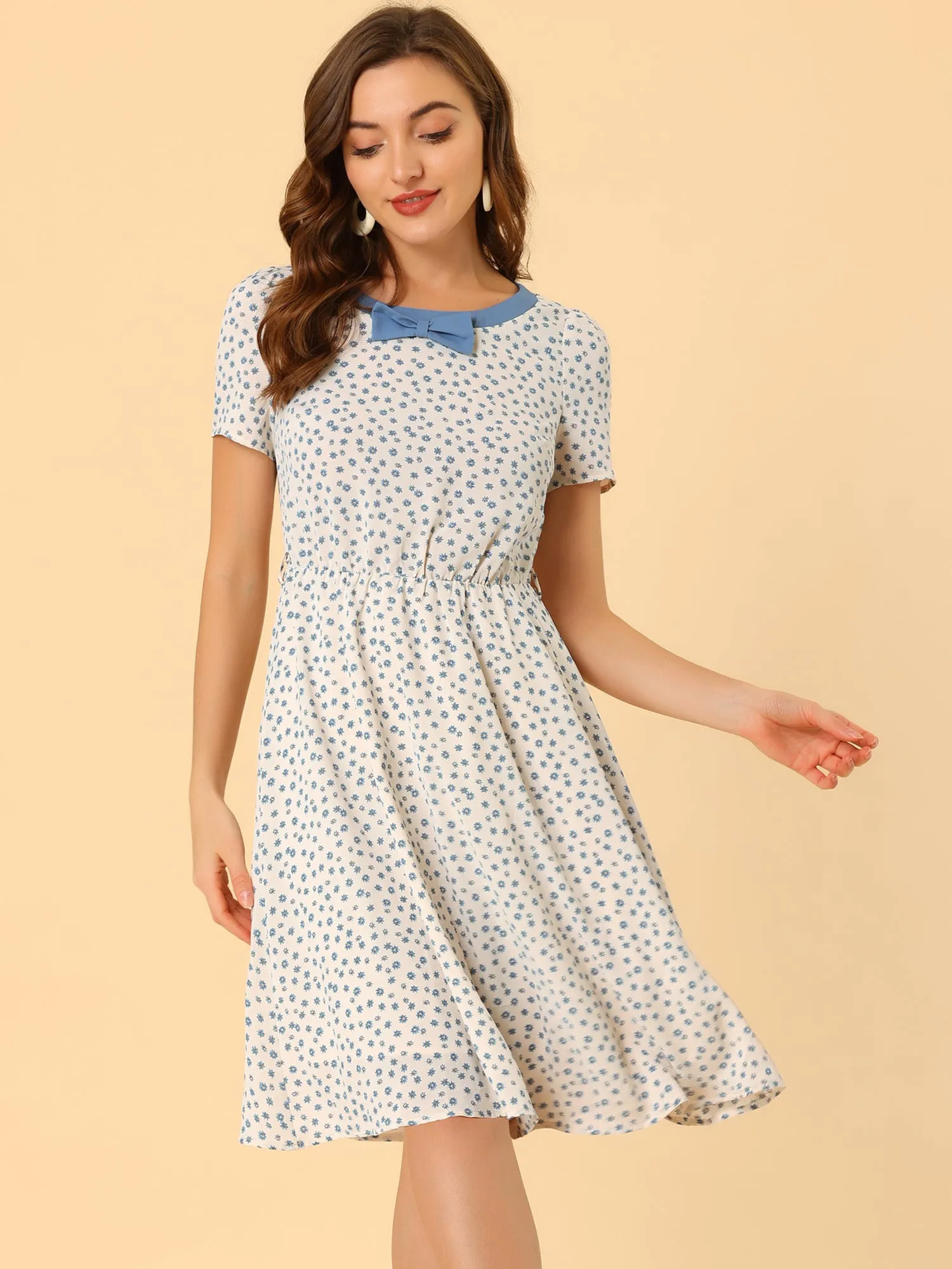 Floral Contrast Trim Round Neck Bow Tie Belt Midi Dress sold by Allegra K product image thumbnail 4