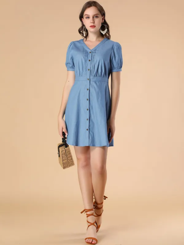 Puff Short Sleeve Button V Neck Cotton A-Line Chambray Mini Dress sold by Allegra K